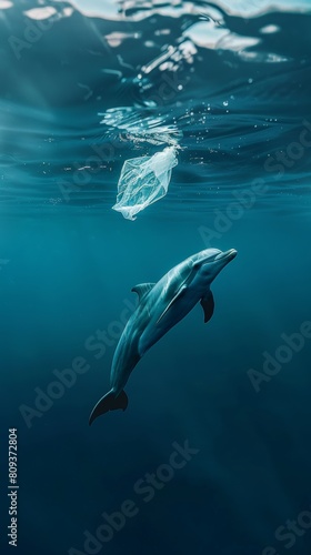 Dolphin swimming near plastic bag underwater