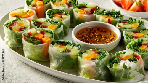 exotic fruit salad rolls on white plate accompanied by a white bowl and a small white bowl