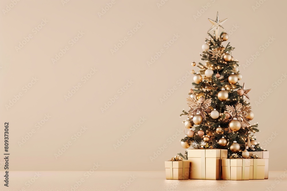 Ultra-Realistic Christmas Tree 3D Rendering with Copy Space, Radiant Gold Colors, and Gift Box