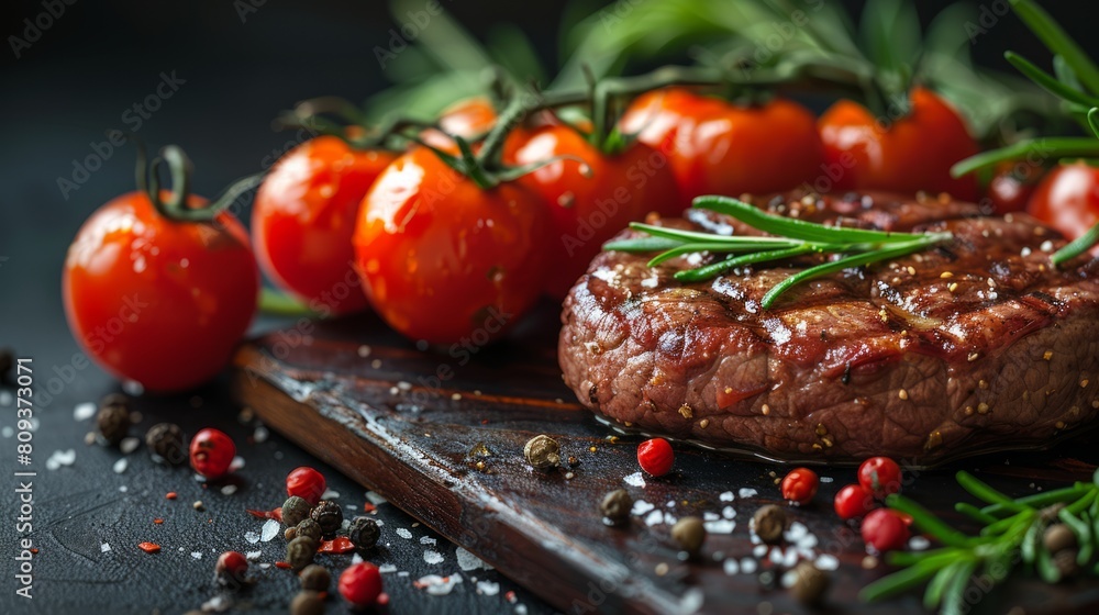 Juicy steak garnished with herbs and tomatoes on wooden board.