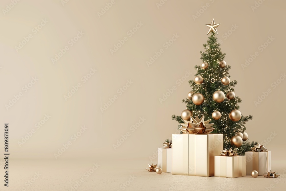 Opulent Christmas Tree 3D Rendering with Ultra-Realistic Copy Space, Gilded Gold Colors, and Gift Box
