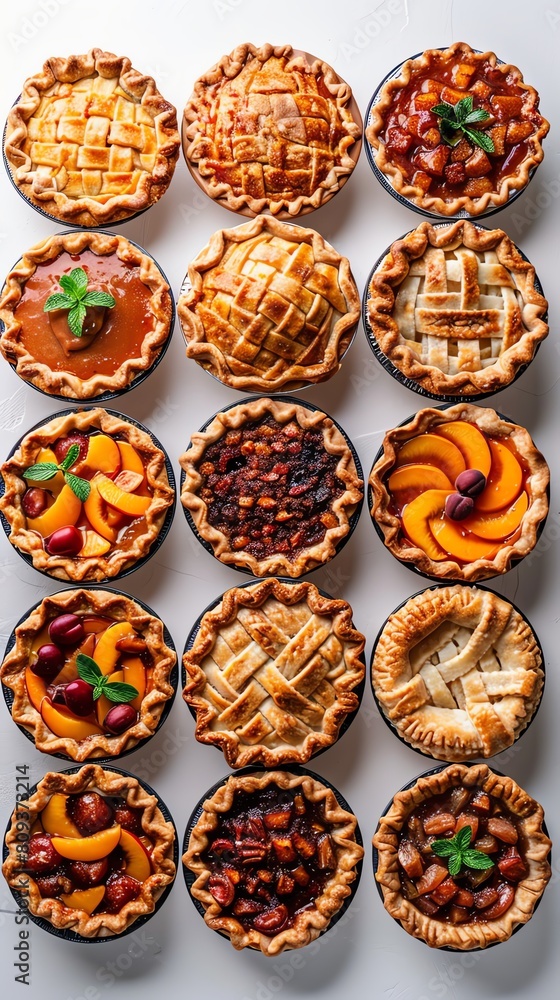 Array of gourmet pies, key lime to peach cobbler, rich colors, artistic presentation, isolated on a stark white background Array of gourmet pies, key lime to peach cobbler, rich colors, artistic presentation, isolated on a stark white background