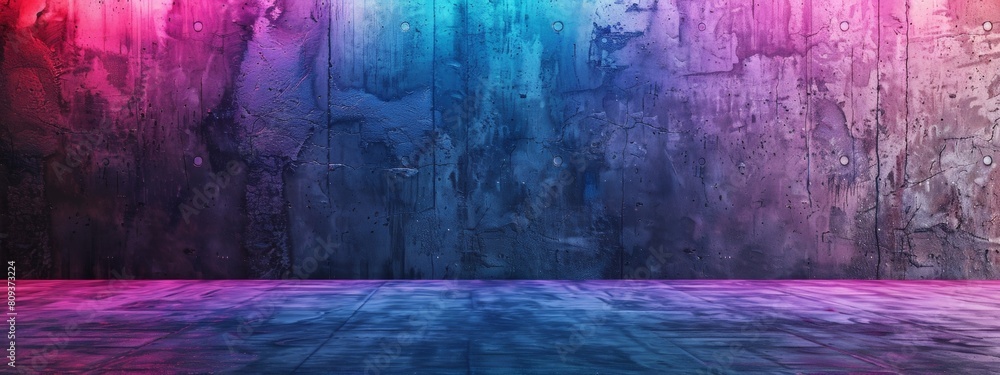 Abstract empty room with concrete wall, neon light, pink and blue colors, 3d rendering.