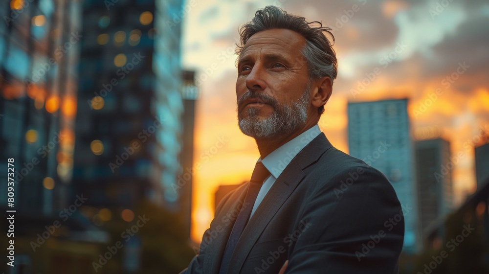 Mature man in suit gazing over cityscape at sunset. Mature man in suit gazing over cityscape at sunset.