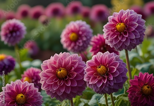 Vibrant purple dahlias blooming in a flower bed, generative AI