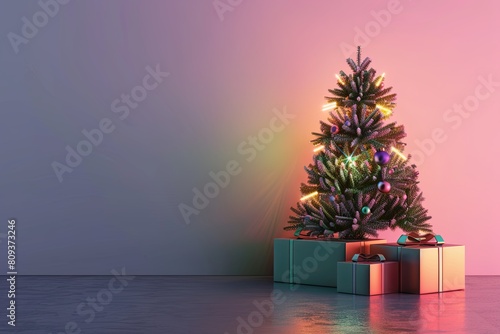 Christmas tree with copy space. 3D rendering. Sunset colors. Gift box