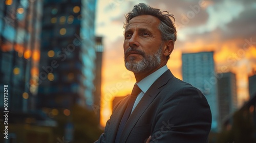 Mature man in suit gazing over cityscape at sunset.