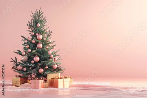 Festive Christmas tree backdrop with room for text. 3D illustration in warm sunset shades, featuring a gift box