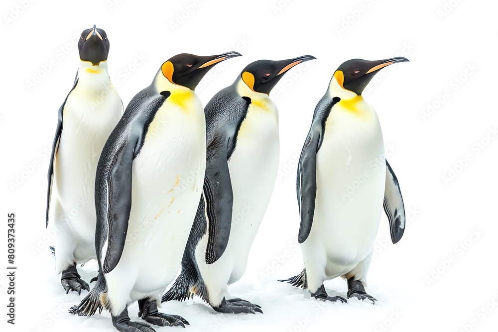 Fototapeta premium A group of emperor penguins on ice, isolated on a white background