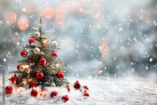 Christmas tree adorned with colorful ornaments in a snowy setting. Realistic holiday scenery.