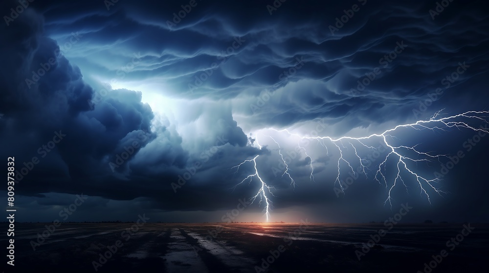 Dramatic sky with lightning over field at sunset.