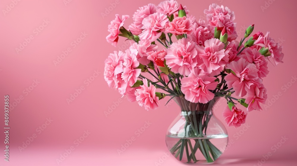 Carnation Blossoms in Glass Vase on Pastel Pink Background