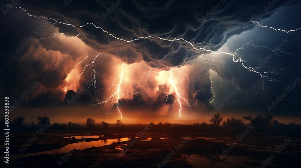 Lightning strikes illuminate the dark cloudy sky backround