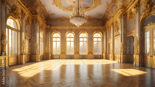 A photo of luxury an elegant ballroom with chandeliers
 photo