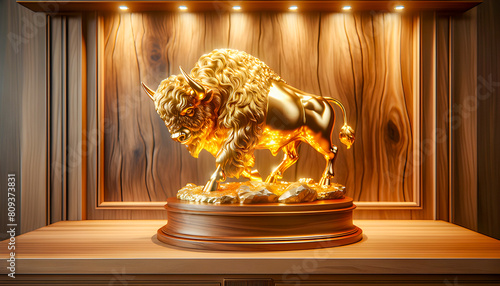 A majestic golden statue of a North American buffalo stands proudly, showcasing its powerful build and iconic presence in a stunning, metallic finish. 