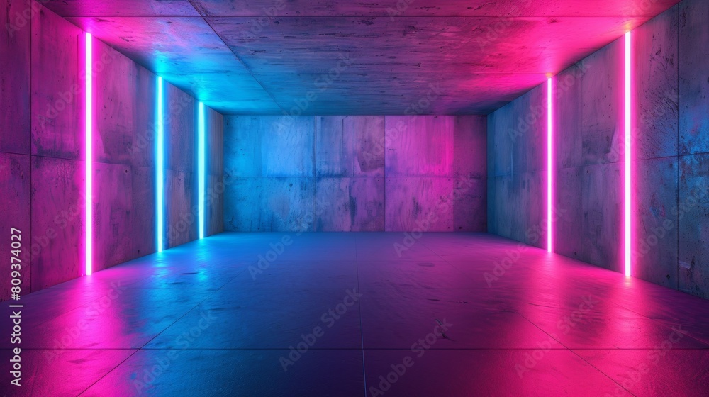 Abstract empty room with concrete wall, neon light, pink and blue colors, 3d rendering.