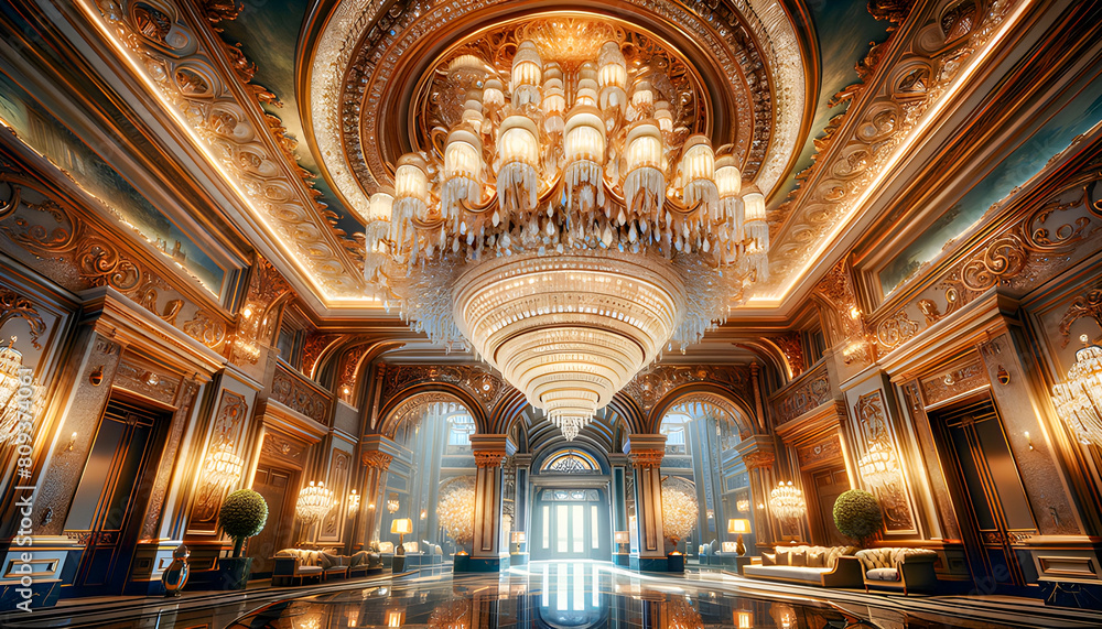 Fototapeta premium The grand hotel lobby boasts elegant luxury decor, with opulent furnishings, sparkling chandeliers, marble floors, and a welcoming ambiance.