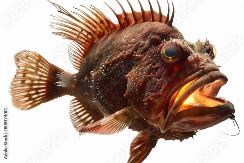 An anglerfish with its luminescent lure, front view, isolated on white photo