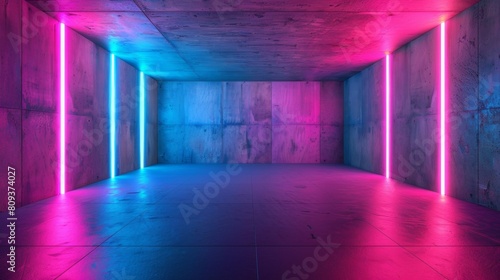 Abstract empty room with concrete wall, neon light, pink and blue colors, 3d rendering.