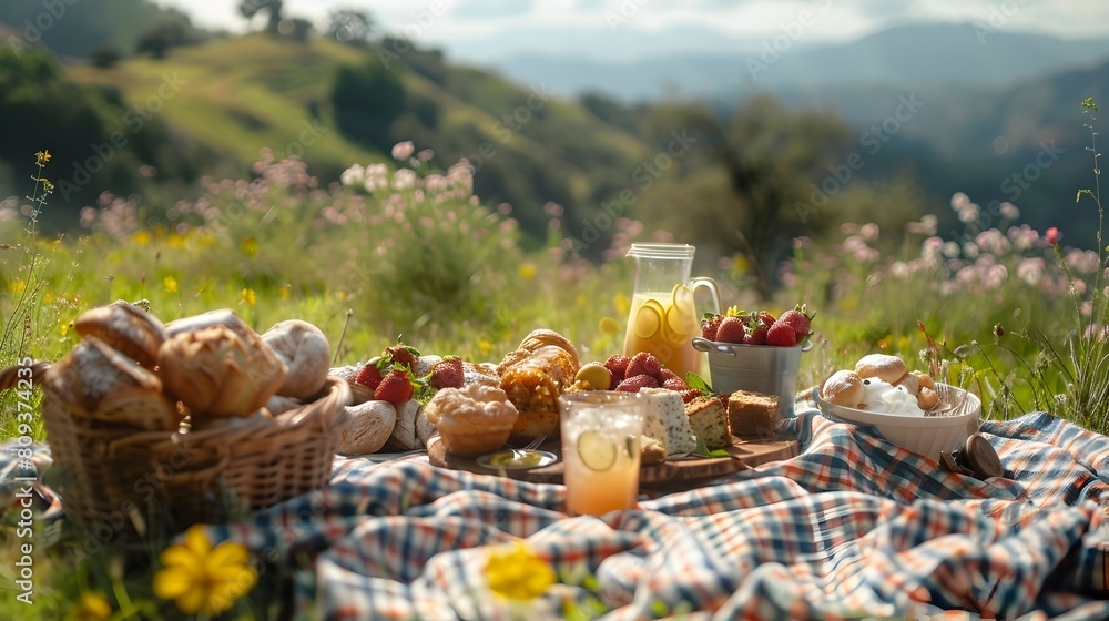 Fototapeta premium Bountiful Hillside Picnic with Homemade Treats and Refreshing Lemonade in Idyllic Countryside Setting