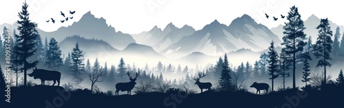 Misty Mountain Forest Adventure: Silhouette of Wild Boar Family, Fir Trees, and Panoramic Wildlife Landscape Illustration Icon Vector for Logo © hisilly