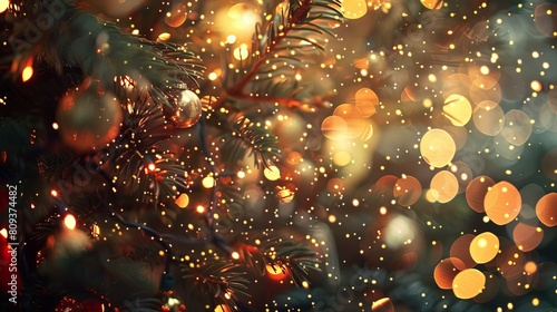 Enchanting Christmas tree background adorned with bokeh and sparkling lights