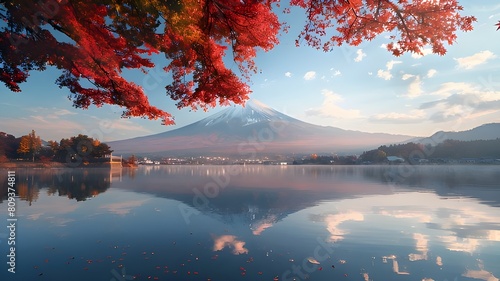 Colorful Autumn Season and Mountain Fuji with morning fog and red leaves at lake Kawaguchi Ko is one of the best places in Japan