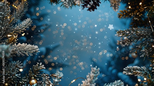 Majestic deep blue sky and delicate fir branches with shimmering gold and white decorations  Enchanting winter night