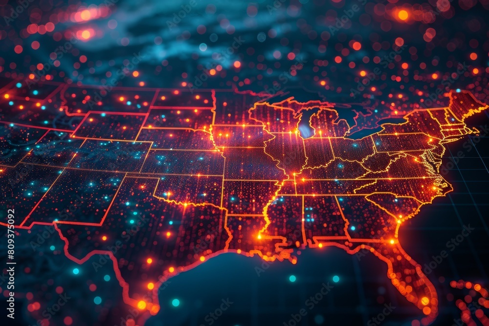 A map of the United States with a red outline and blue dots A map of the United States with a red outline and blue dots