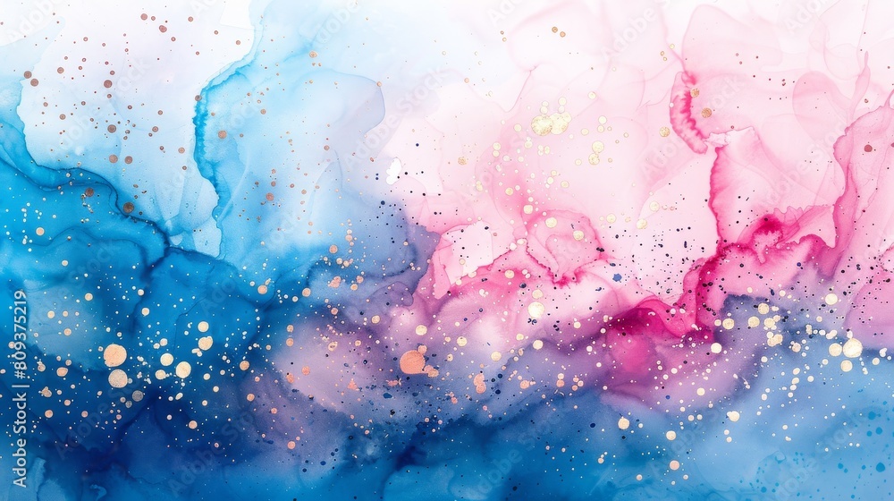 Obraz premium An abstract pink and blue background with little glittery gold hearts. 