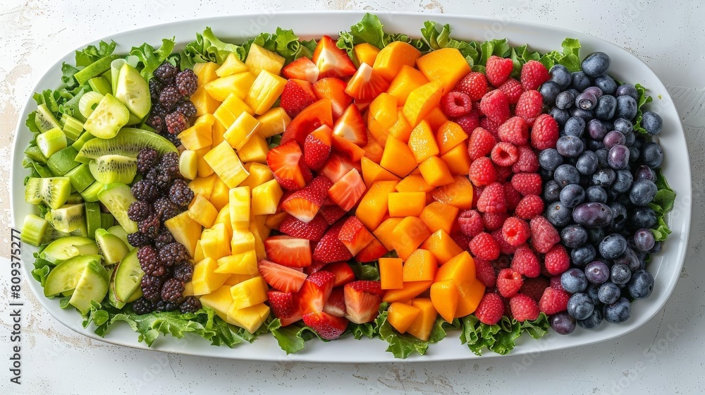 fruit and veggie rainbow salad on white plate