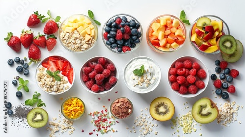 fruit and yogurt parfait bar on transparent background  featuring sliced kiwi  red strawberries  and a white bowl