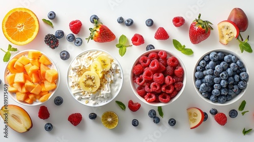 fruit and yogurt parfait bar on isolated background  featuring a variety of fruits including red strawberries  blueberries  and oranges  arranged in white bowls