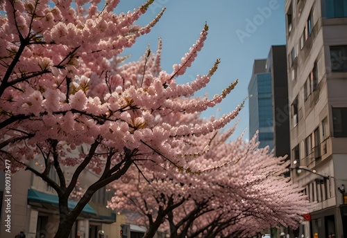 Pink cherry blossoms adorning a city street , generative AI