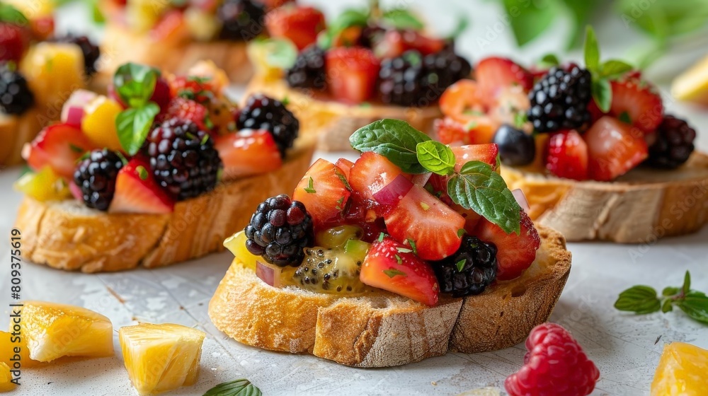 fruit bruschetta on white board with a slice of bread topped with blackberries, strawberries, and a green leaf fruit bruschetta on white board with a slice of bread topped with blackberries, strawberries, and a green leaf