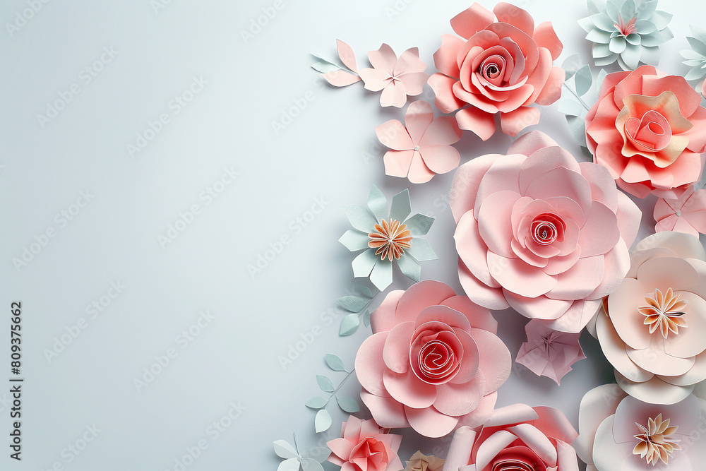 Celebrate Mother's Day with delicately crafted paper flowers against a solid white backdrop, featuring a wide and broad area for your heartfelt message.