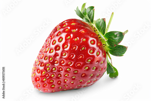 a single strawberry with a green leaf on top