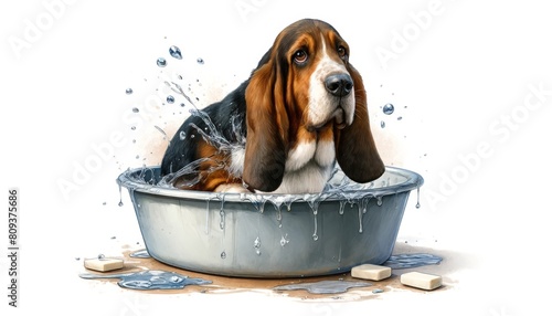 A basset hound dog sitting in a smaller wash basin, surrounded by spilled water and soap suds, with a mischievous expression. photo