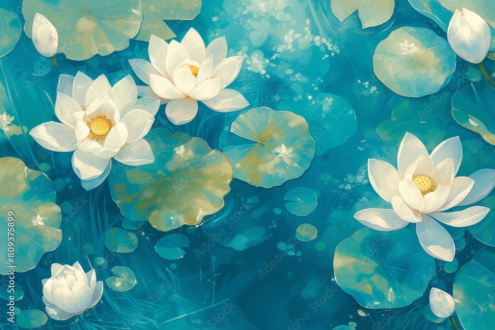 Serene lotus flowers floating gracefully on calm waters, forming a seamless motif
