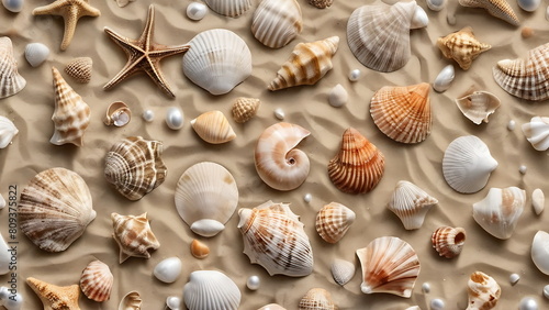Flat lay of exotic starfish and sea shells on beach sand