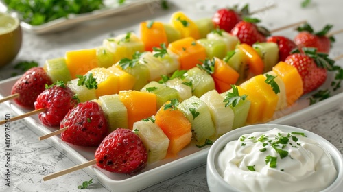 fruit kabobs with yogurt dip on white platter photo