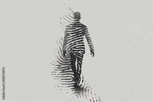 A man is walking in a blurry image with a black and white background. Fingerprint concept