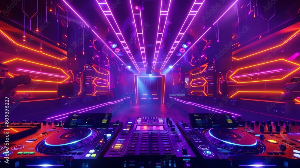 An epic view of a nightclub. The place is empty, with a dj booth in the center. There are glowing lights everywhere, and the atmosphere is electric.