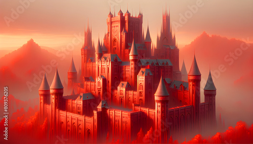 Perched atop a craggy peak, the red fantasy castle commands the landscape with its towering spires and intricate architecture, a beacon of mystical allure and ancient power.