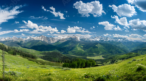 Breathtaking Panorama of Snow-capped US Mountains Amidst Vibrant Greenery and Bright Azure Sky © Chris