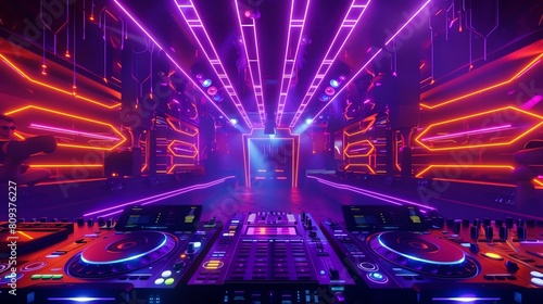 An epic view of a nightclub. The place is empty, with a dj booth in the center. There are glowing lights everywhere, and the atmosphere is electric.