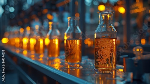 Laboratory bottles filled with orange liquid on a modern conveyor belt