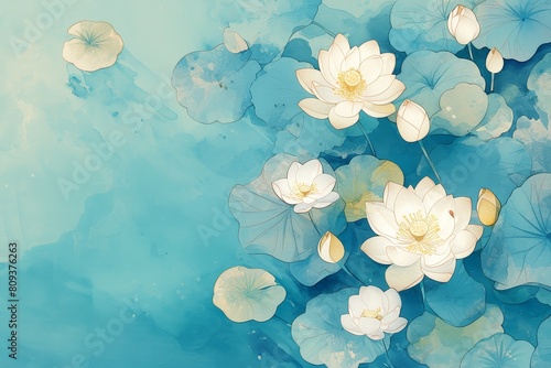 Serene lotus flowers floating gracefully on calm waters, forming a seamless motif