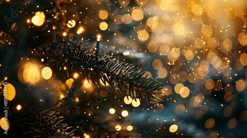 Radiant Christmas tree adorned with sparkling lights, emitting enchanting bokeh. Festive wonder. © dekreatif