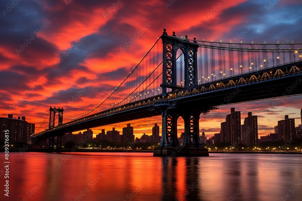Manhattan Bridge at sunset, New York City, United States.